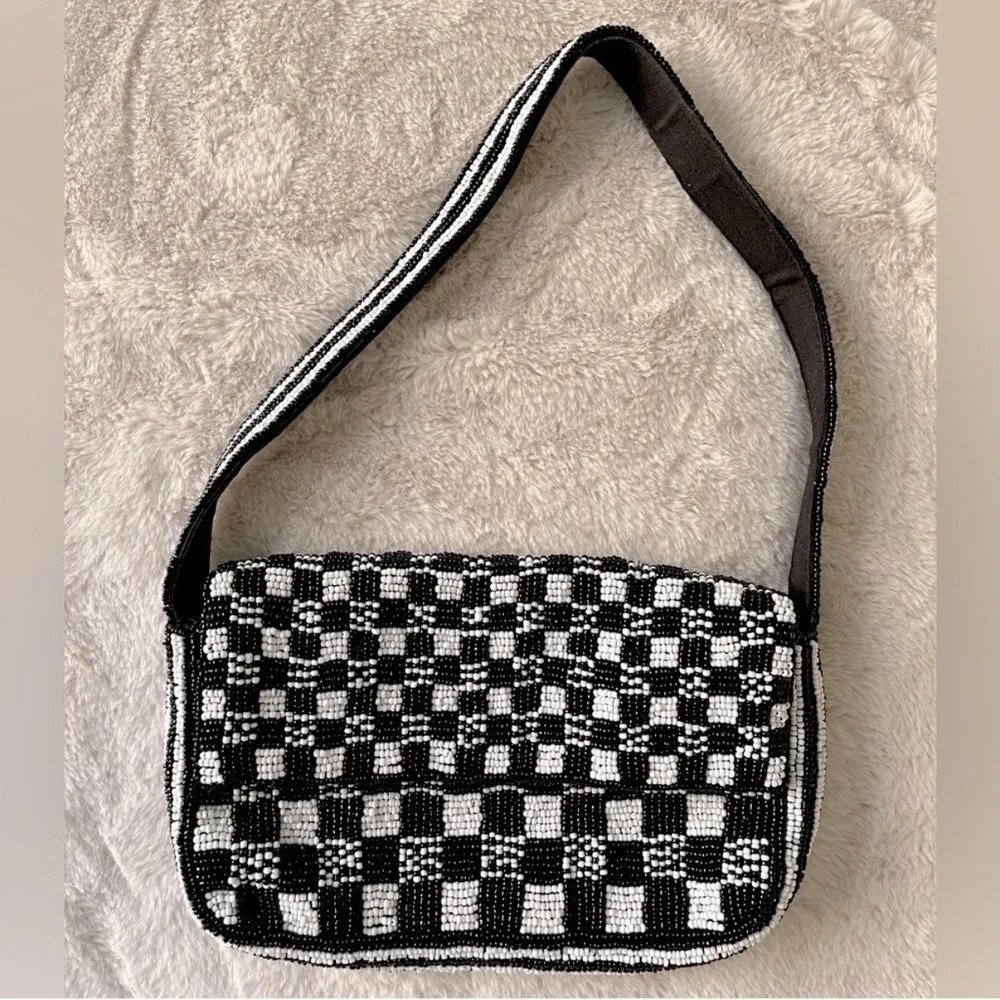 Anthropologie Fiona Beaded Shoulder Bag Black White Checker Viral Rare
